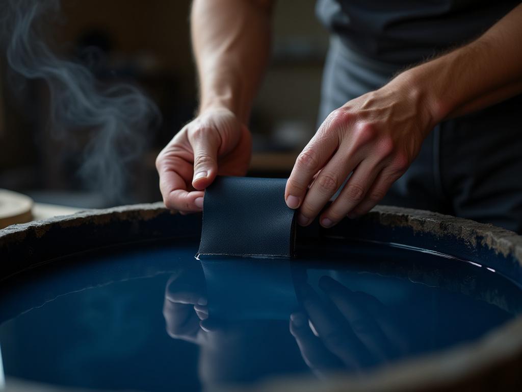 A craftsman's hands carefully dipping leather into a vat of natural indigo dye.