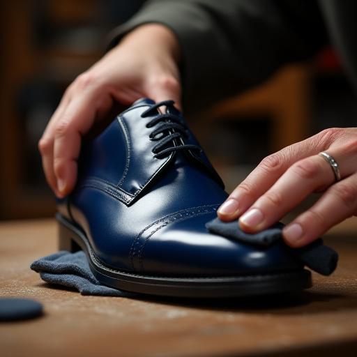 A craftsman polishing a finished indigo leather shoe with a soft cloth.