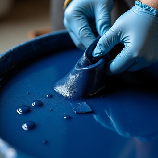 Hands wearing gloves pulling a piece of leather from the indigo dye solution.