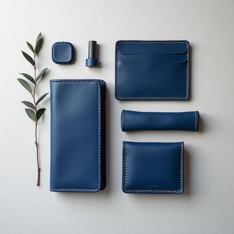 A collection of indigo leather accessories including a wallet and a card case.