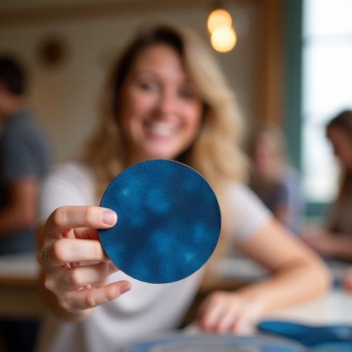 A participant smiling while showing off their hand-dyed leather coaster.